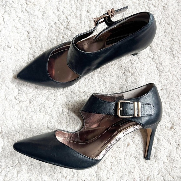 BCBGeneration Black Leather Gold Ankle Buckle Pointed Toe Pumps Style bg- zander - Picture 1 of 12